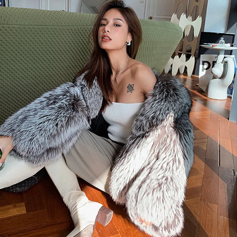 2022 New Ladies Silver Fox Fur Coat Collared V-neck Long Sleeve Luxury Fluffy Overcoat Warm Winter 4908