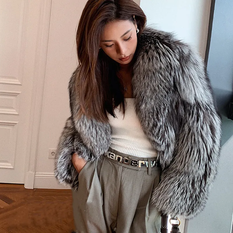 2022 New Ladies Silver Fox Fur Coat Collared V-neck Long Sleeve Luxury Fluffy Overcoat Warm Winter 4908