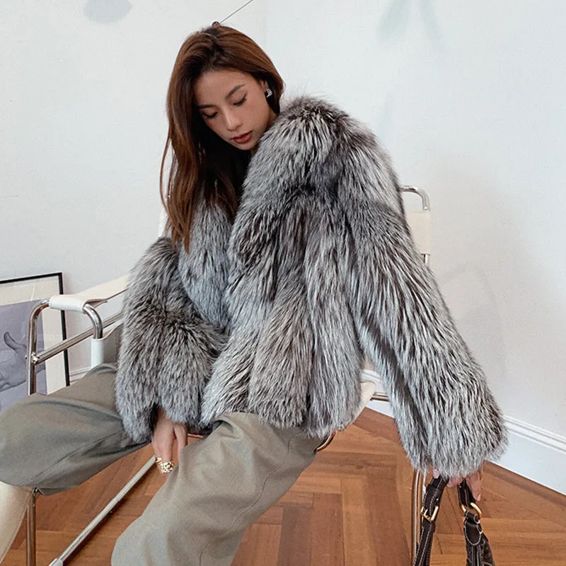 2022 New Ladies Silver Fox Fur Coat Collared V-neck Long Sleeve Luxury Fluffy Overcoat Warm Winter 4908