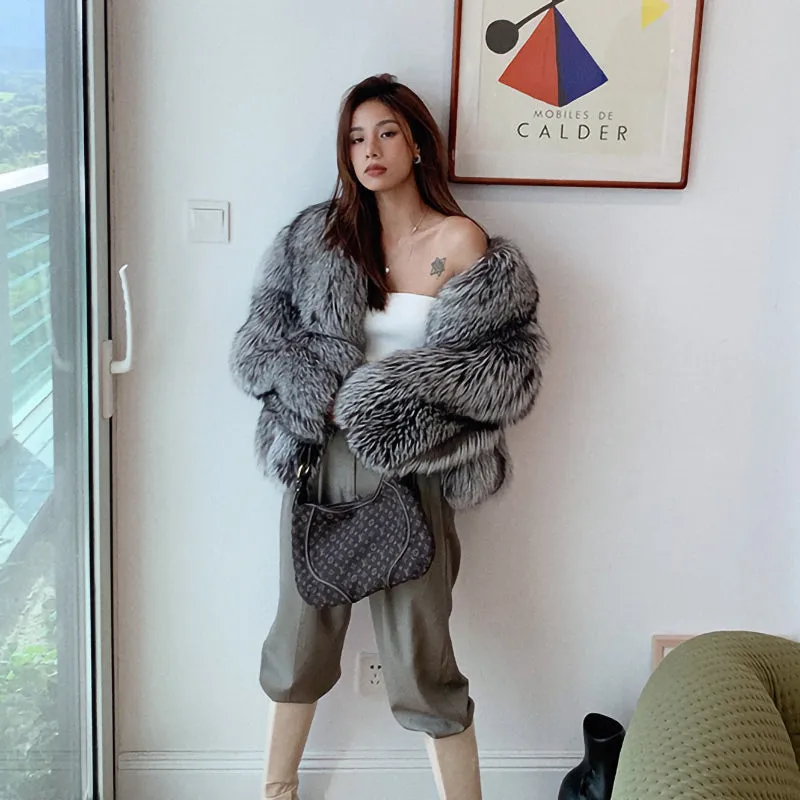 2022 New Ladies Silver Fox Fur Coat Collared V-neck Long Sleeve Luxury Fluffy Overcoat Warm Winter 4908