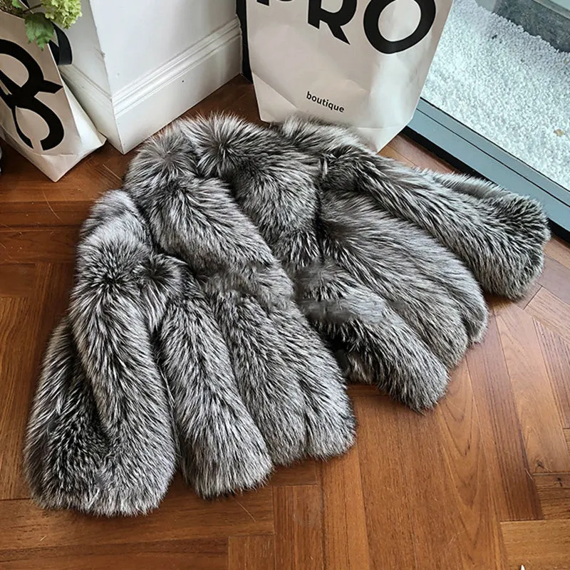 2022 New Ladies Silver Fox Fur Coat Collared V-neck Long Sleeve Luxury Fluffy Overcoat Warm Winter 4908