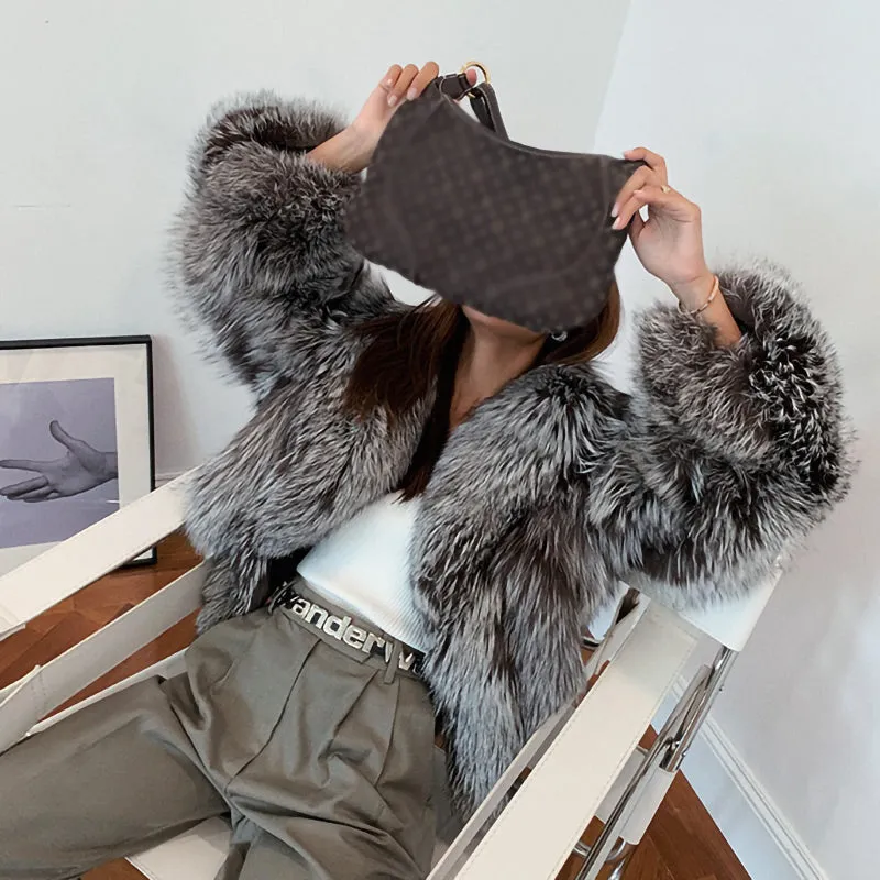 2022 New Ladies Silver Fox Fur Coat Collared V-neck Long Sleeve Luxury Fluffy Overcoat Warm Winter 4908
