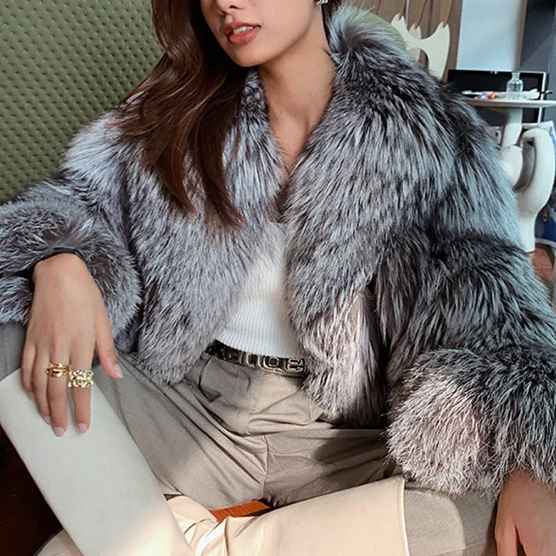 2022 New Ladies Silver Fox Fur Coat Collared V-neck Long Sleeve Luxury Fluffy Overcoat Warm Winter 4908