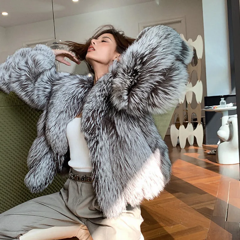 2022 New Ladies Silver Fox Fur Coat Collared V-neck Long Sleeve Luxury Fluffy Overcoat Warm Winter 4908