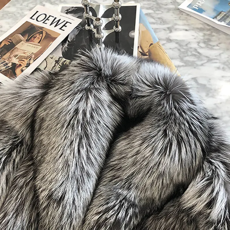 2022 New Ladies Silver Fox Fur Coat Collared V-neck Long Sleeve Luxury Fluffy Overcoat Warm Winter 4908