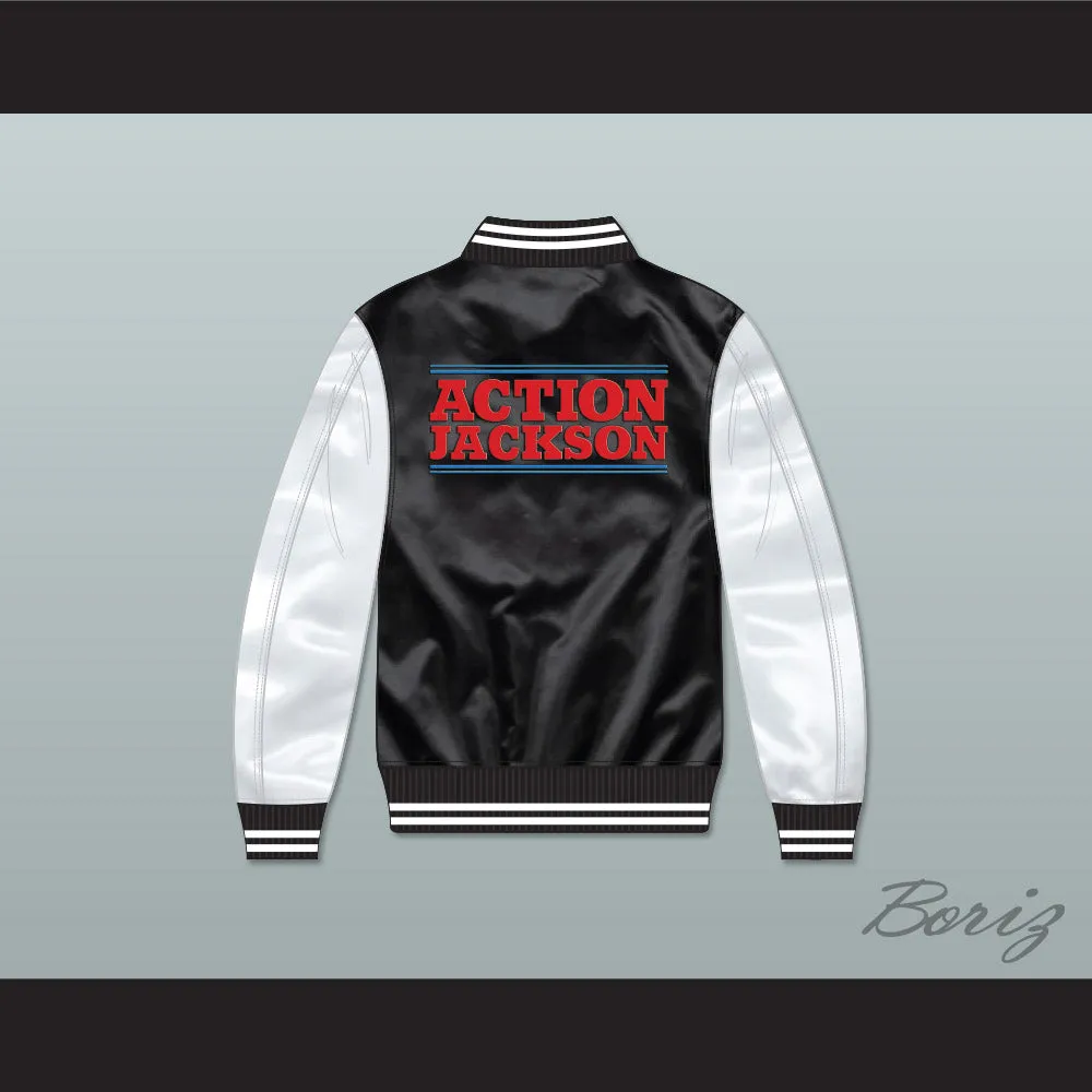 Action Jackson Black/ White Varsity Letterman Satin Bomber Jacket