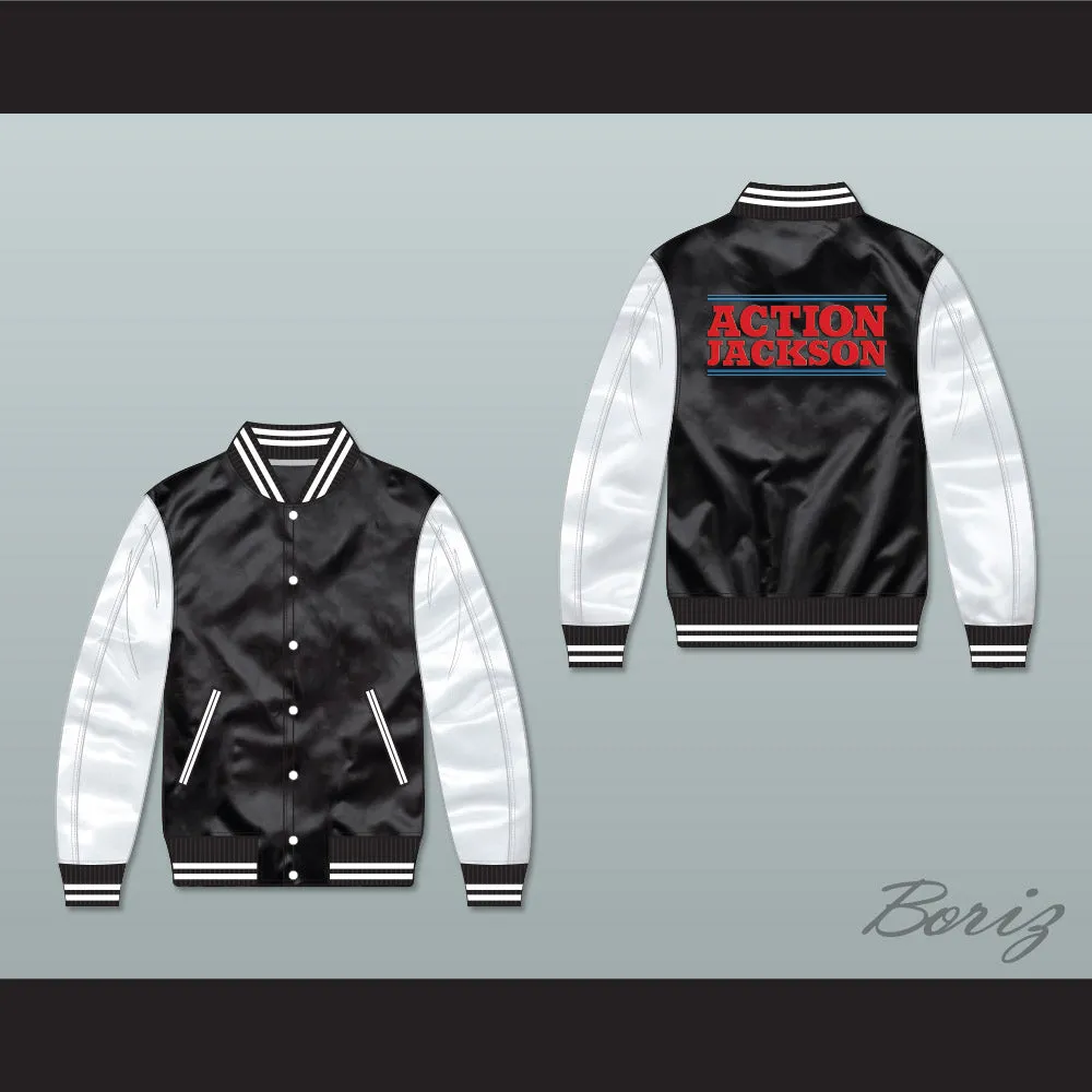 Action Jackson Black/ White Varsity Letterman Satin Bomber Jacket