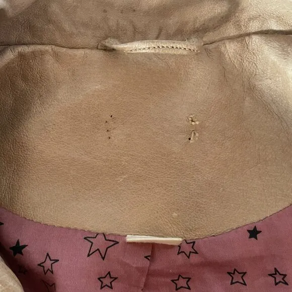 Anthropologie‎ Idra Tan Leather Bomber Jacket, Pink Star Lining, Retro, Boho, M