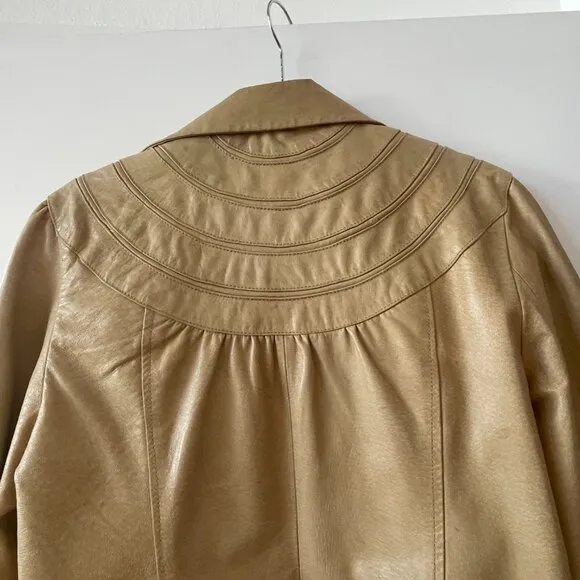 Anthropologie‎ Idra Tan Leather Bomber Jacket, Pink Star Lining, Retro, Boho, M