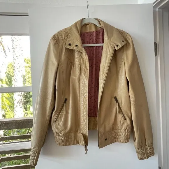 Anthropologie‎ Idra Tan Leather Bomber Jacket, Pink Star Lining, Retro, Boho, M