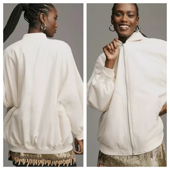 ANTHROPOLOGIE XL XXL by Anthropologie Oversized Bomber Jacket in Ivory Cream