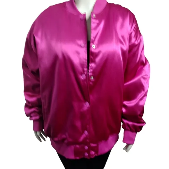 AZALEA WANG Oversize Women's XL Fushia Satin Bomber Jacket Coquette Feminine
