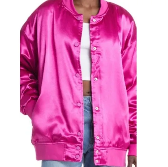 AZALEA WANG Oversize Women's XL Fushia Satin Bomber Jacket Coquette Feminine