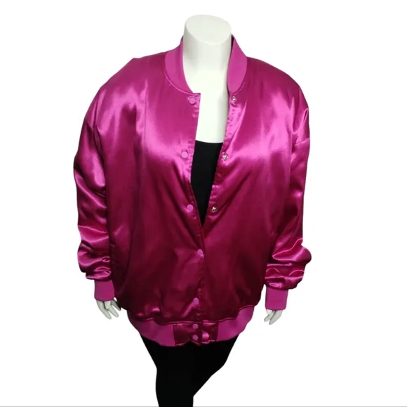 AZALEA WANG Oversize Women's XL Fushia Satin Bomber Jacket Coquette Feminine