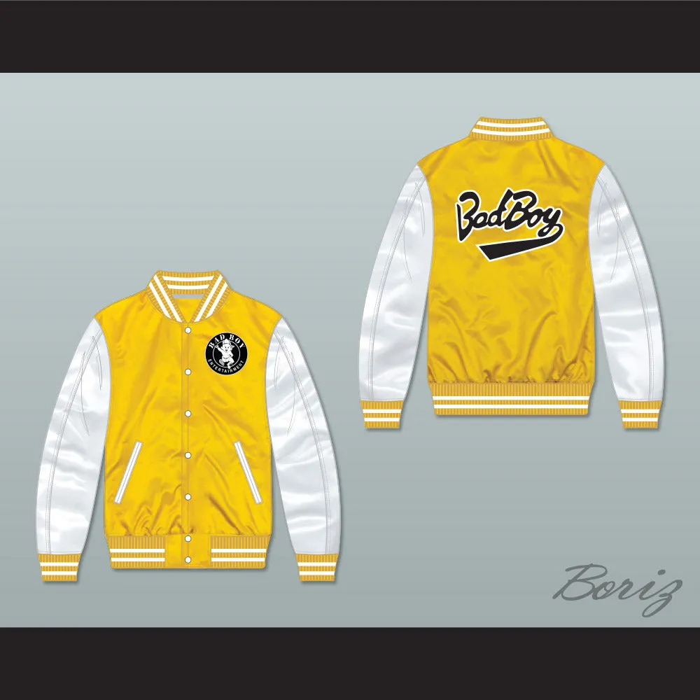 Bad Boy Entertainment Yellow/ White Varsity Letterman Satin Bomber Jacket