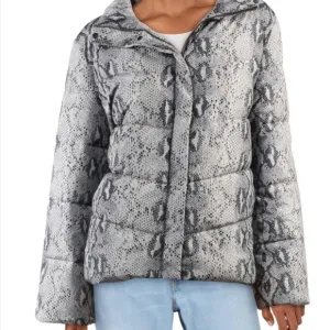 Betsey Johnson Quilted Puffer Jacket in Gray Black Python Snake Print Sz. S