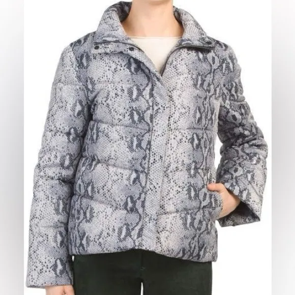 Betsey Johnson Quilted Puffer Jacket in Gray Black Python Snake Print Sz. S