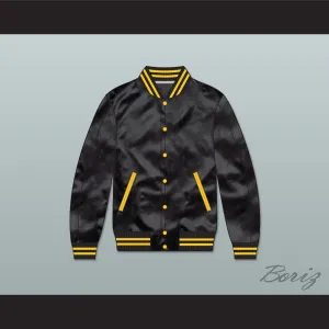 Black and Gold Varsity Letterman Satin Bomber Jacket