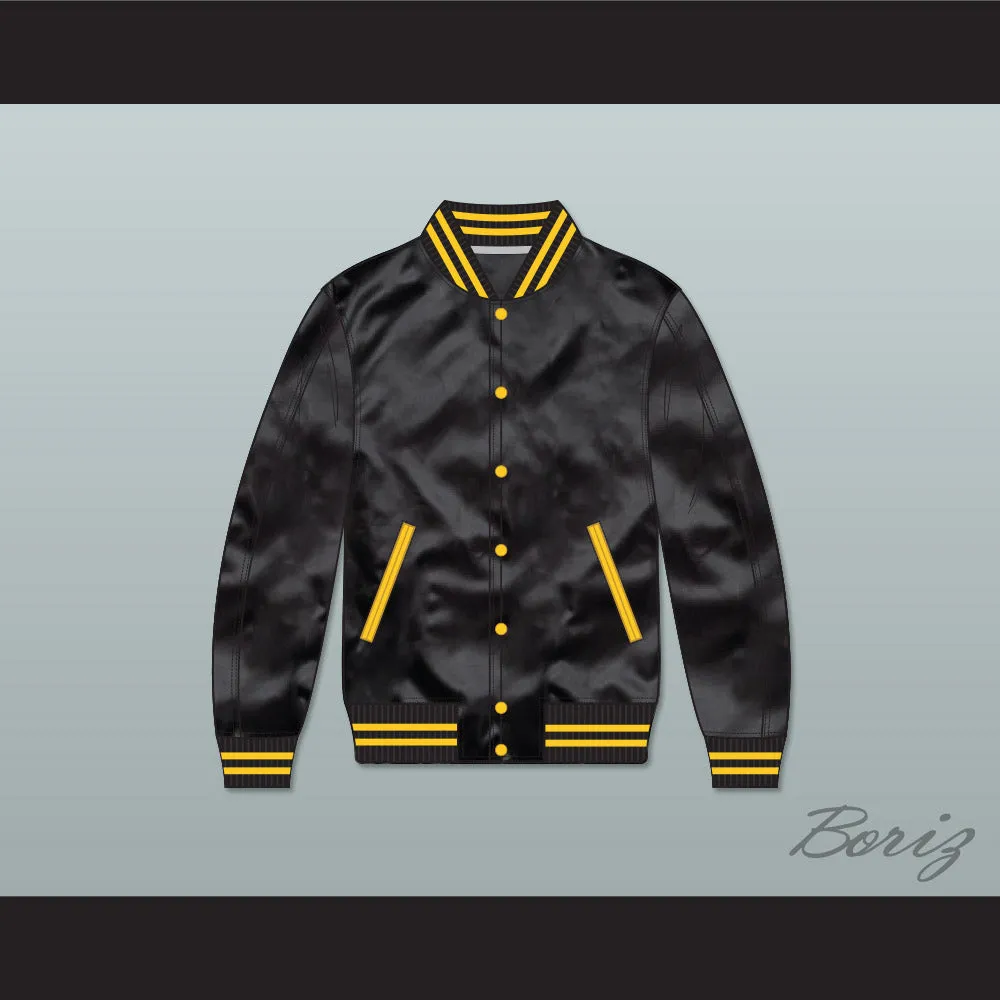 Black and Gold Varsity Letterman Satin Bomber Jacket
