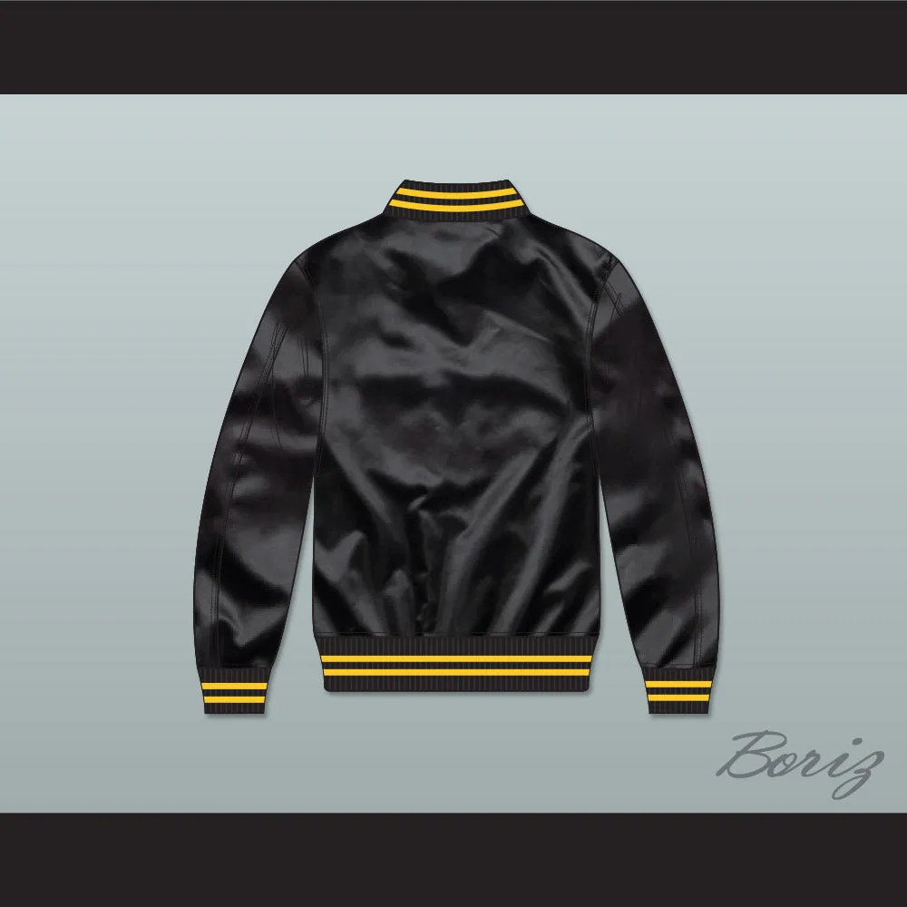 Black and Gold Varsity Letterman Satin Bomber Jacket