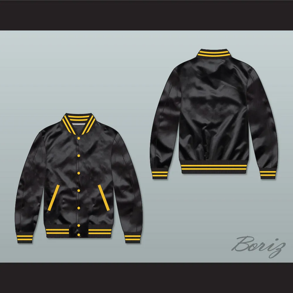 Black and Gold Varsity Letterman Satin Bomber Jacket