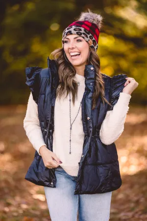 Black Puffer Vest with Shoulder Ruffle Detail