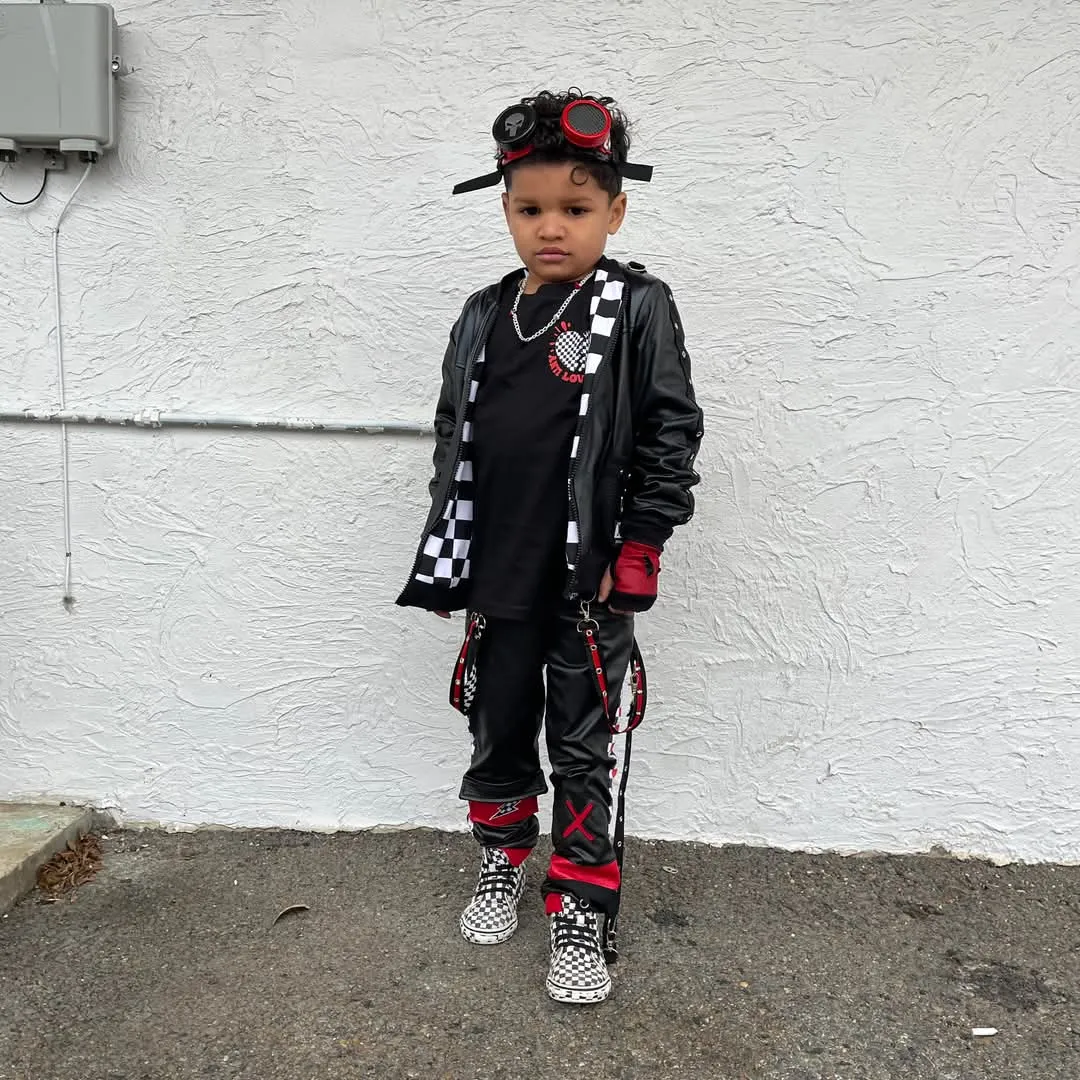 Black Punk Bomber Jacket for Kids in Vegan Leather Unisex boys girls fashion