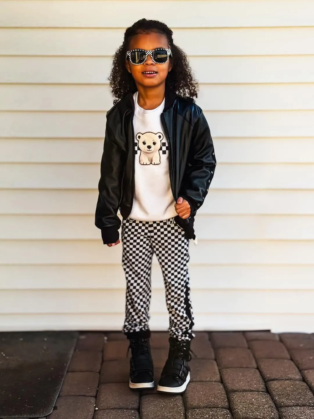 Black Punk Bomber Jacket for Kids in Vegan Leather Unisex boys girls fashion