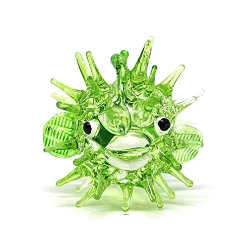 Blown Glass Figurines Green & Blue Puffer Fish Tiny Aquarium Miniature Handmade Decor