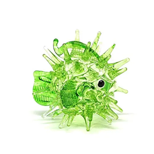 Blown Glass Figurines Green & Blue Puffer Fish Tiny Aquarium Miniature Handmade Decor