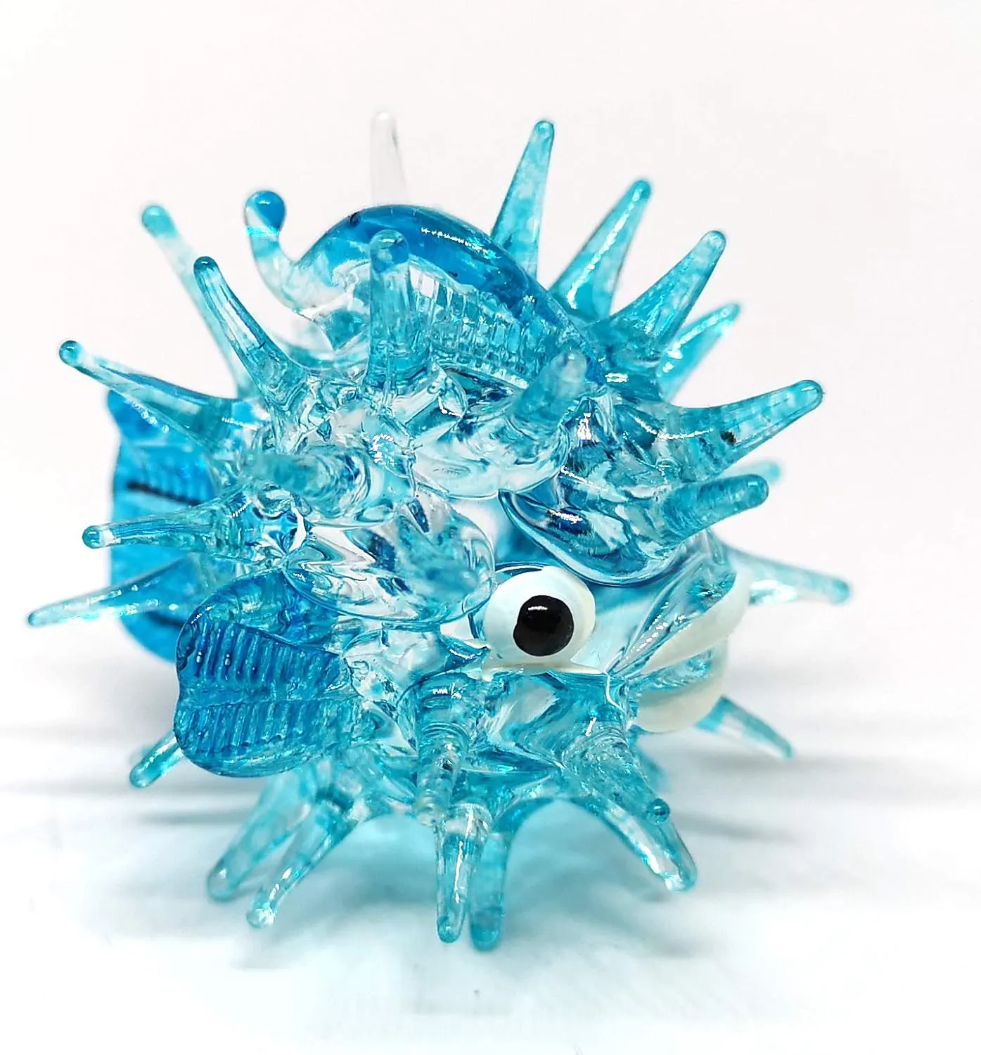 Blown Glass Figurines Green & Blue Puffer Fish Tiny Aquarium Miniature Handmade Decor
