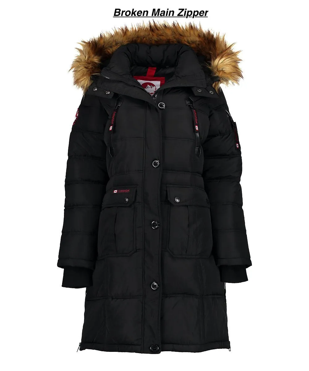 (BROKEN MAIN ZIPPER) Brand new Black Faux Fur-Trim Long Puffer Coat - Women's Canada Weather Gear! Sz M! Retails $280 