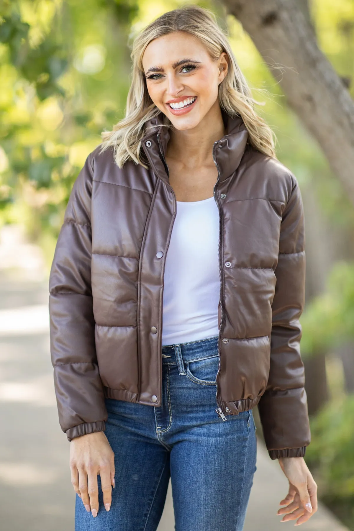 Brown Faux Leather Puffer Jacket