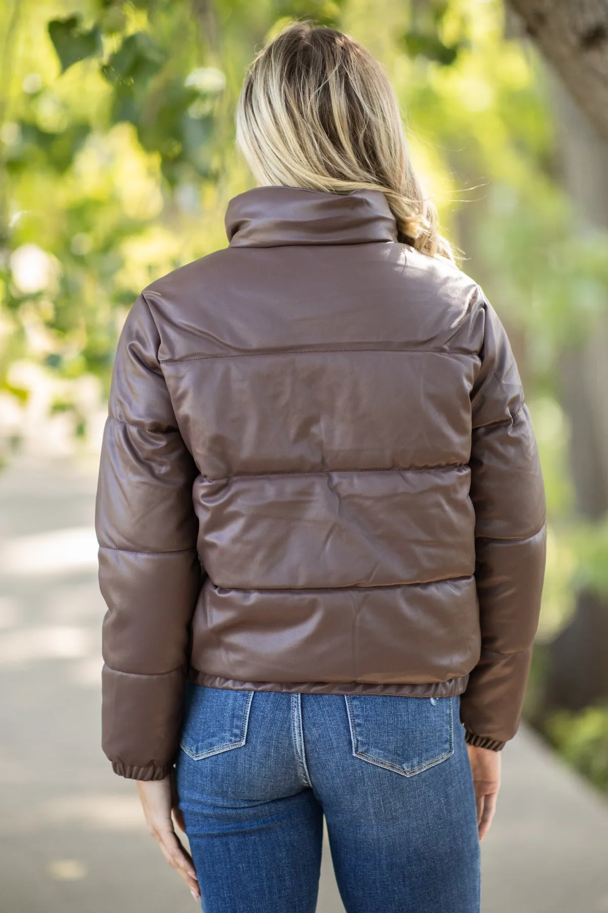 Brown Faux Leather Puffer Jacket