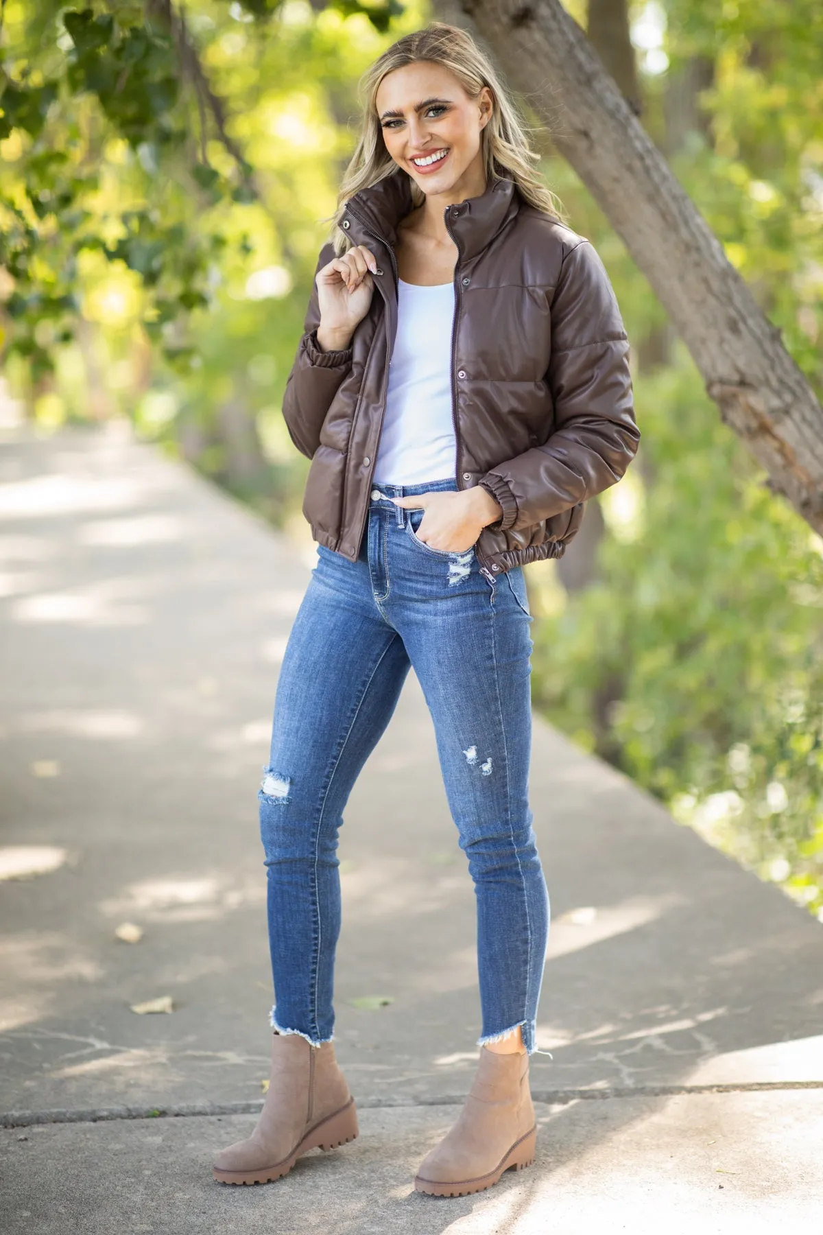 Brown Faux Leather Puffer Jacket