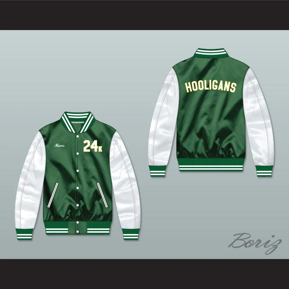 Bruno Mars 24K Hooligans Green/ White Varsity Letterman Satin Bomber Jacket 1