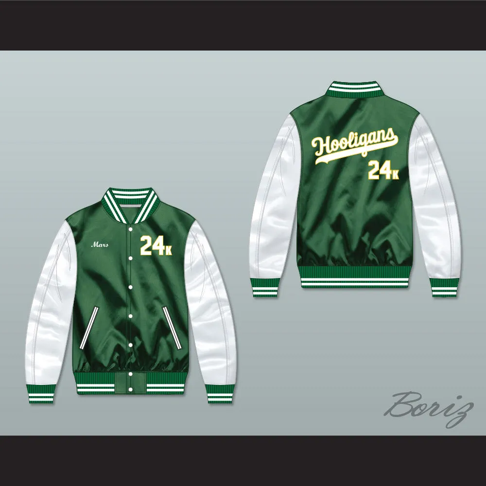 Bruno Mars 24K Hooligans Green/ White Varsity Letterman Satin Bomber Jacket 2