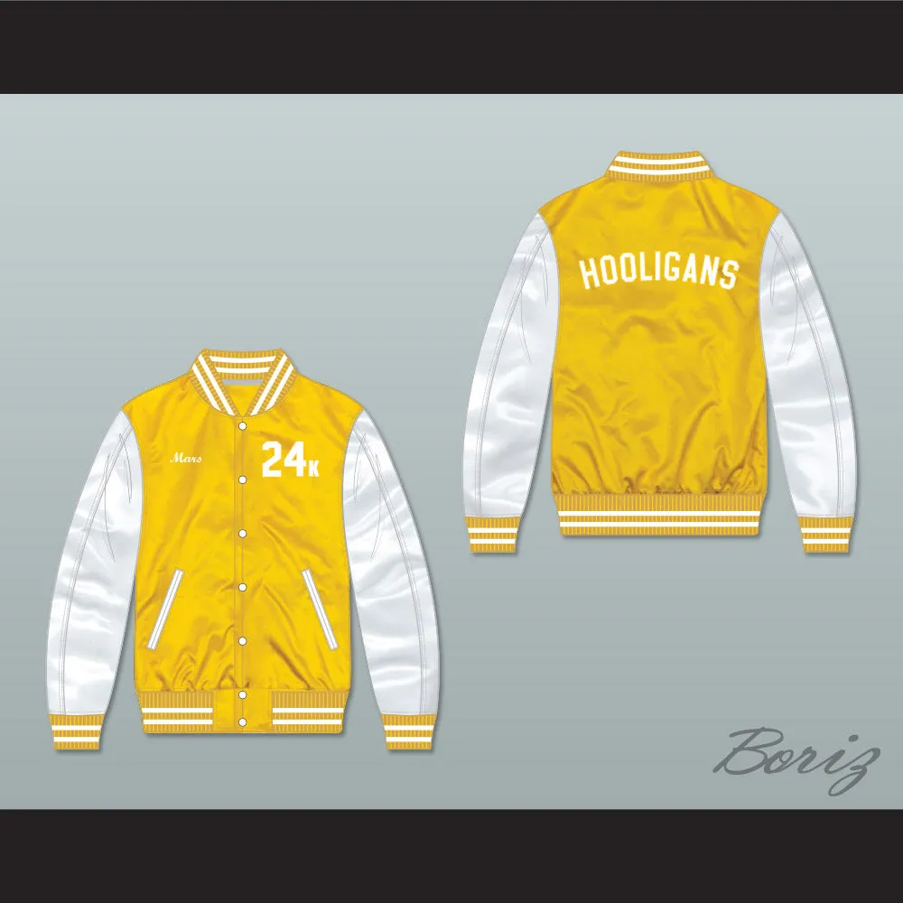 Bruno Mars 24K Hooligans Yellow/ White Varsity Letterman Satin Bomber Jacket 1