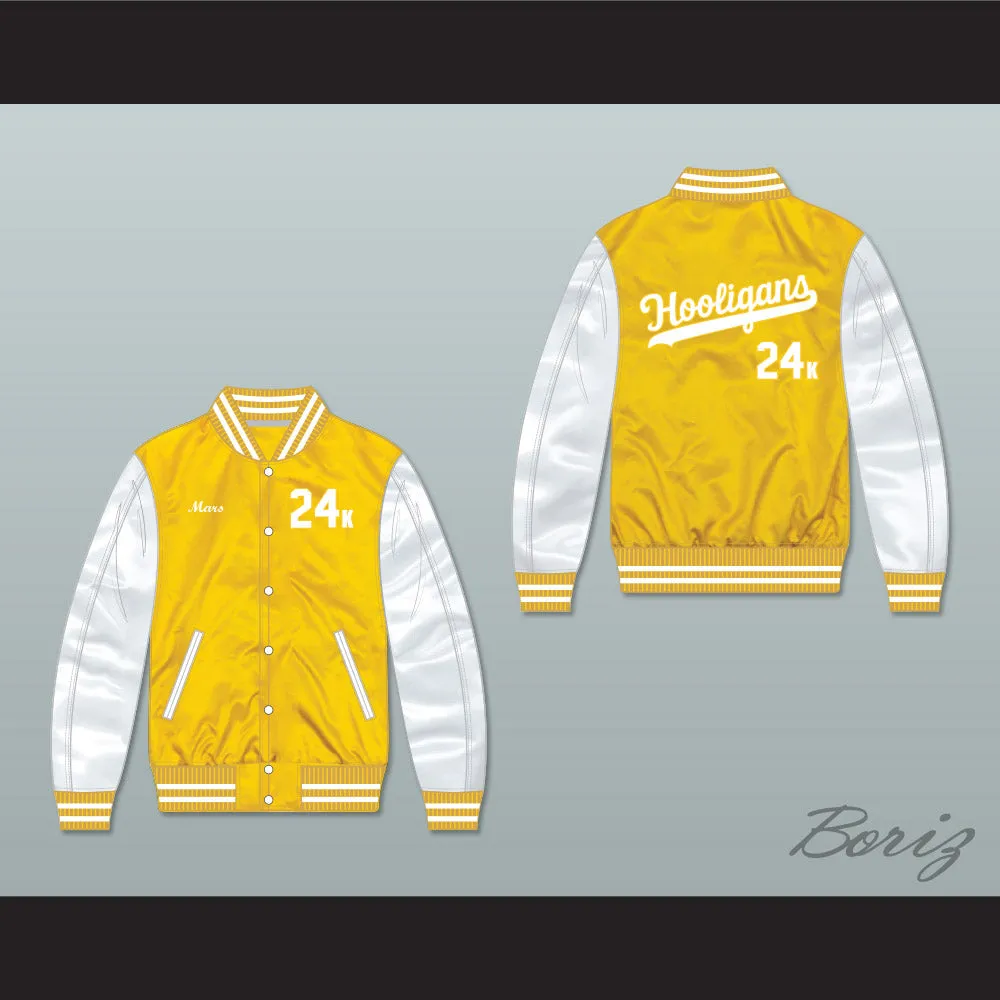 Bruno Mars 24K Hooligans Yellow/ White Varsity Letterman Satin Bomber Jacket 2