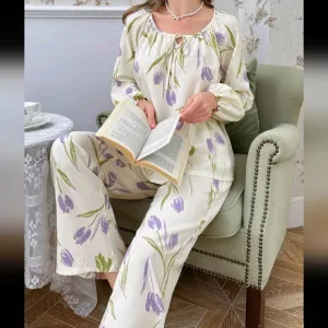 Bubble Chiffon Tulip Printed Tie Collar Extra Loose Long Sleeve &amp; Pajama Set
