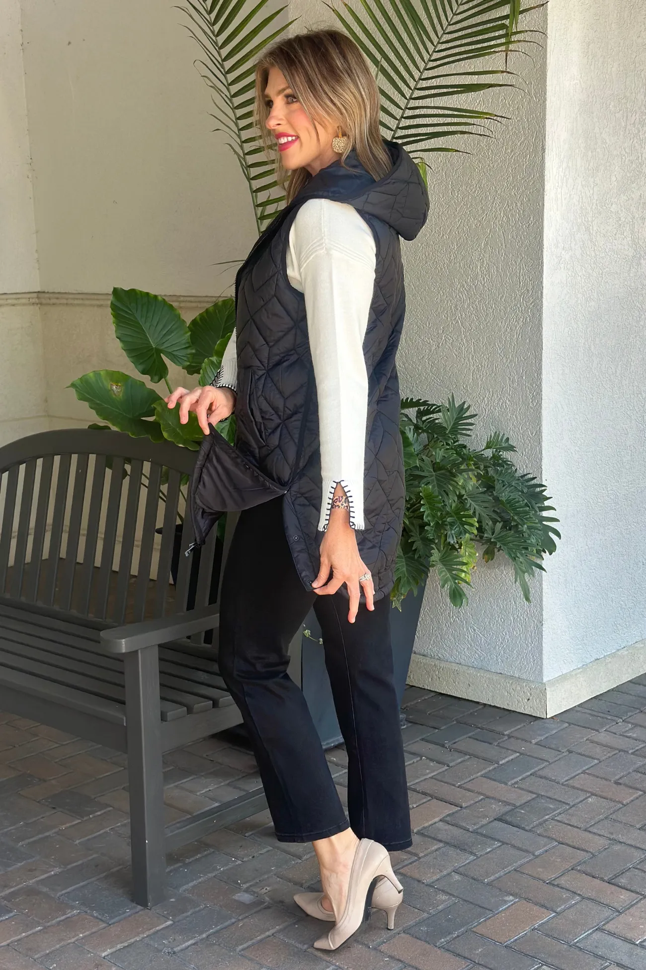 Charlie B Black Long Quilted Puffer Hood Vest