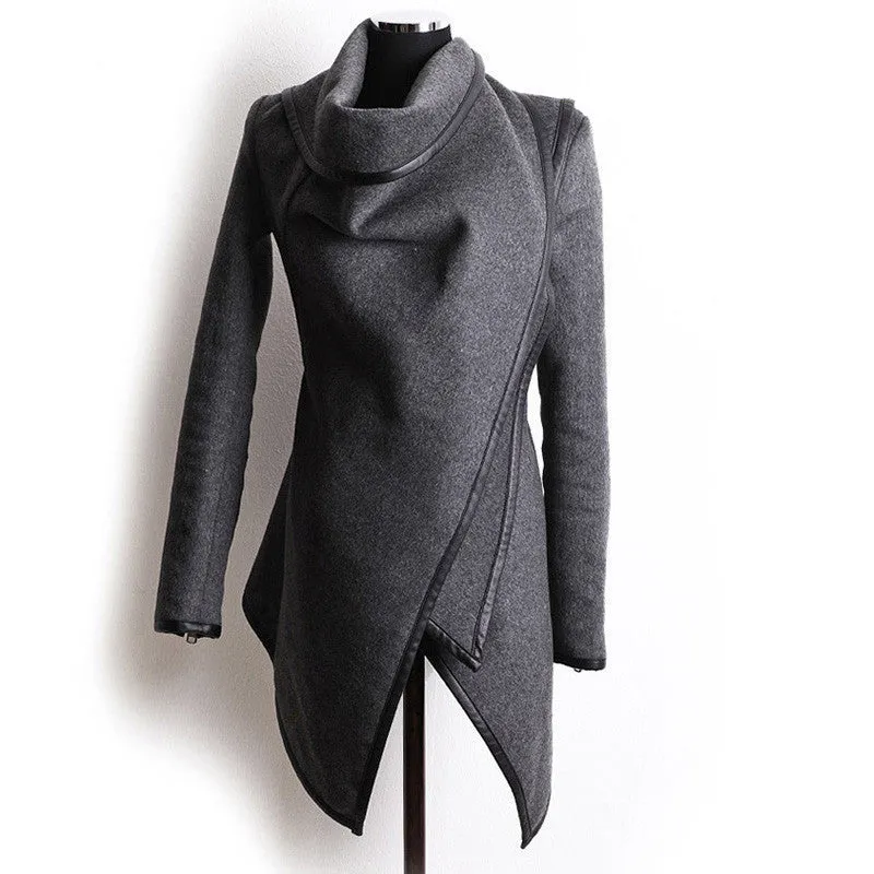 Coat Women Irregular Collar Lapel Side Zipper Woolen Coat Women Loose Sweater Outwear Jacket Plus Size