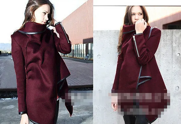 Coat Women Irregular Collar Lapel Side Zipper Woolen Coat Women Loose Sweater Outwear Jacket Plus Size