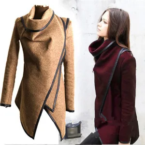 Coat Women Irregular Collar Lapel Side Zipper Woolen Coat Women Loose Sweater Outwear Jacket Plus Size