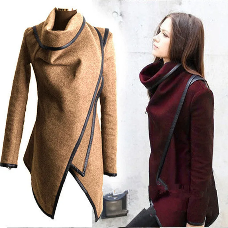 Coat Women Irregular Collar Lapel Side Zipper Woolen Coat Women Loose Sweater Outwear Jacket Plus Size