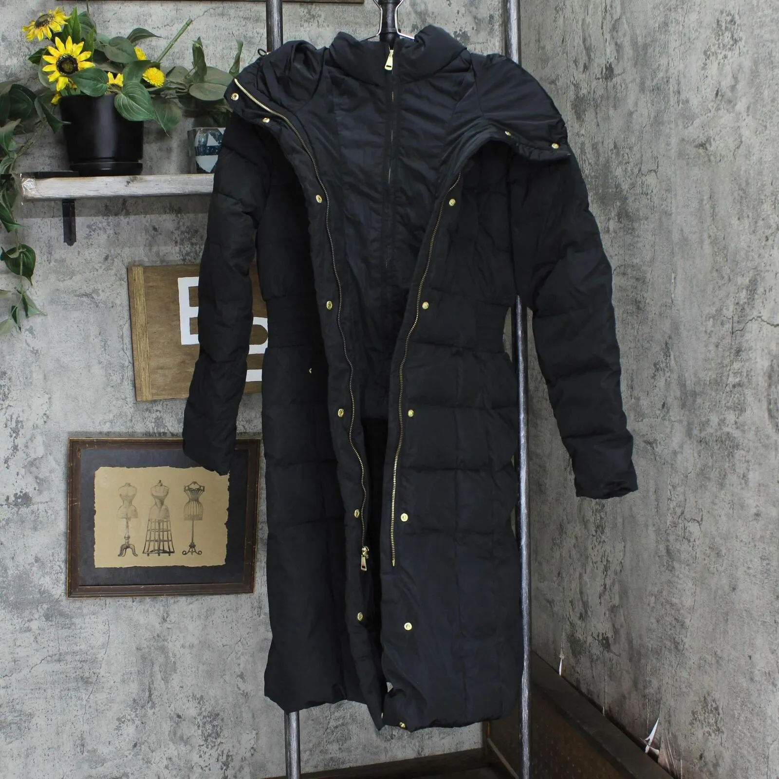 Cole Haan Womens Taffeta With Bib Front Hood Down Alternative  Coat Deep Black S