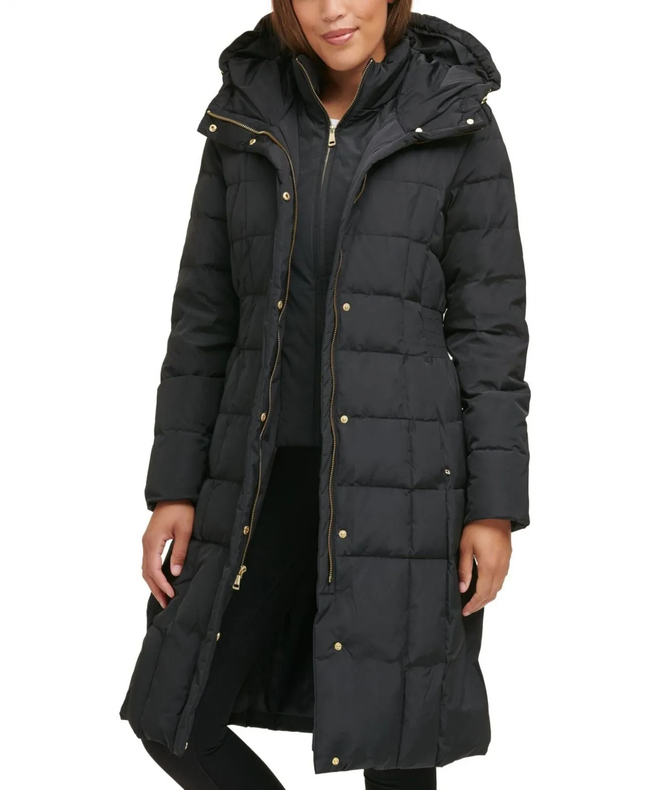Cole Haan Womens Taffeta With Bib Front Hood Down Alternative  Coat Deep Black S