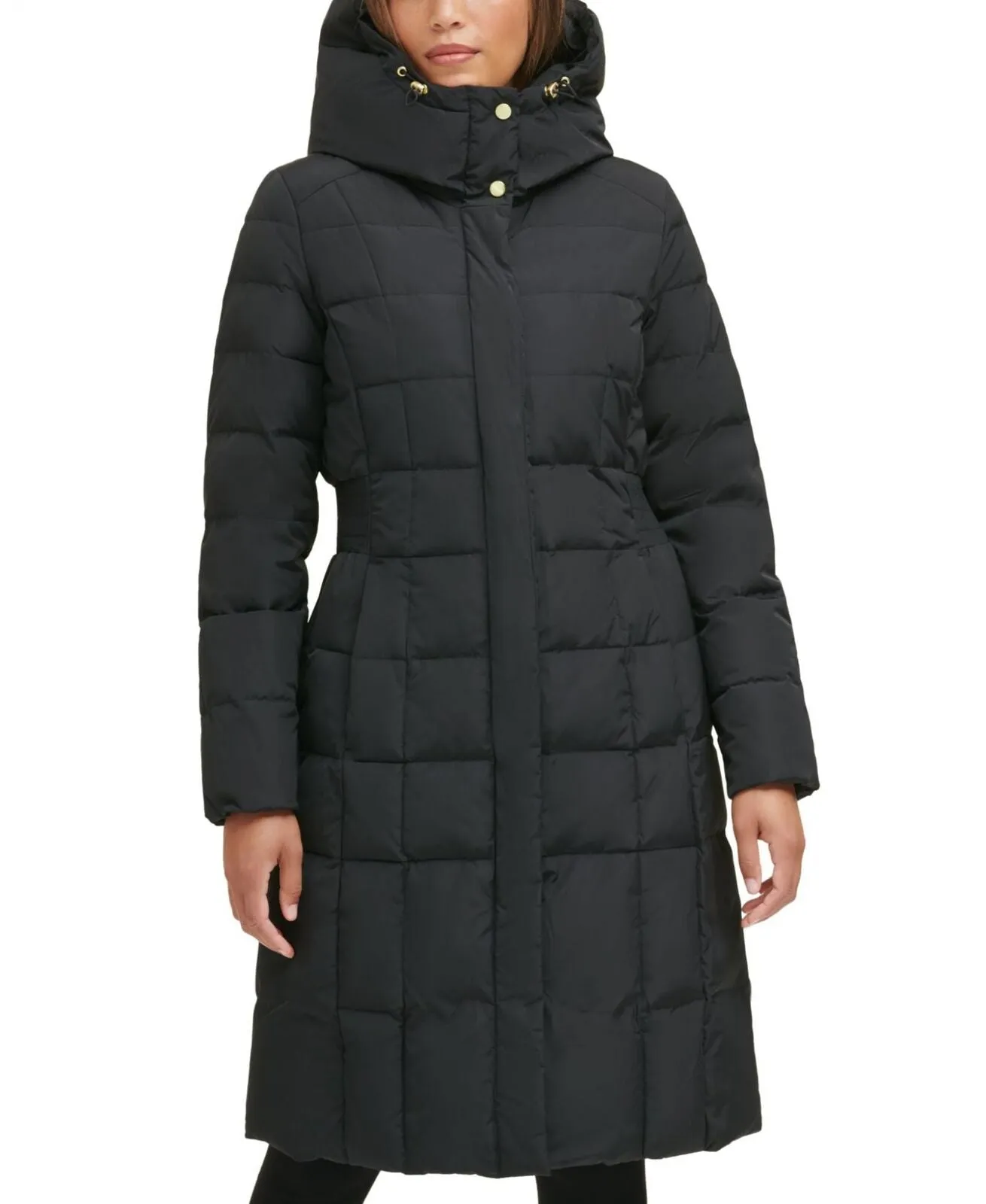 Cole Haan Womens Taffeta With Bib Front Hood Down Alternative  Coat Deep Black S