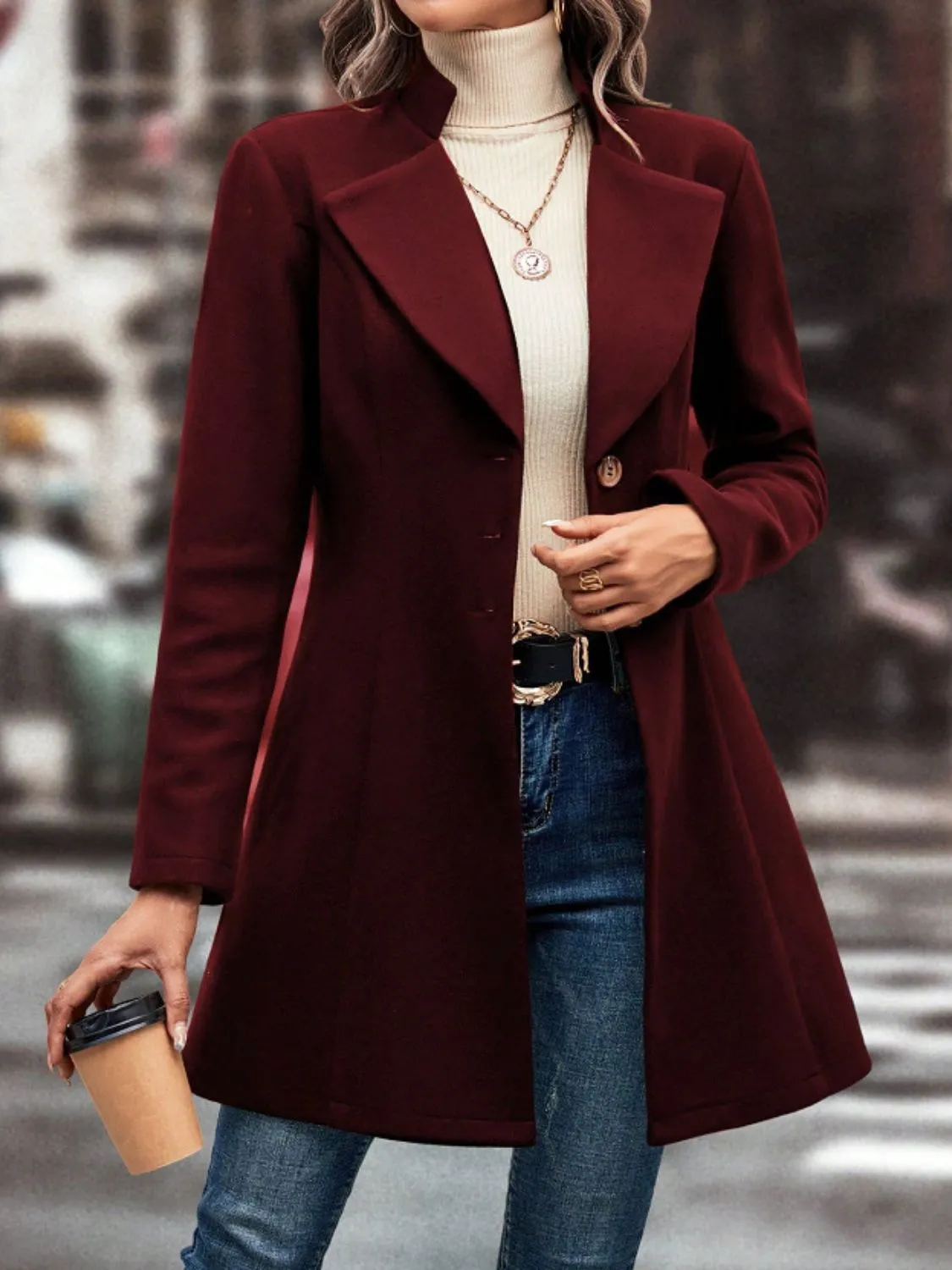 Collared Neck Long Sleeve Coat