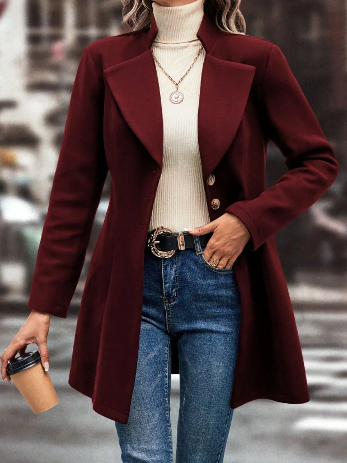 Collared Neck Long Sleeve Coat